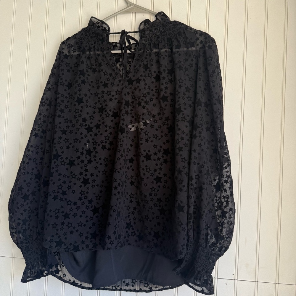 Ann Taylor LOFT Size L Sheer Black Star Ruffle Tie Neck Blouse - Picture 7 of 7